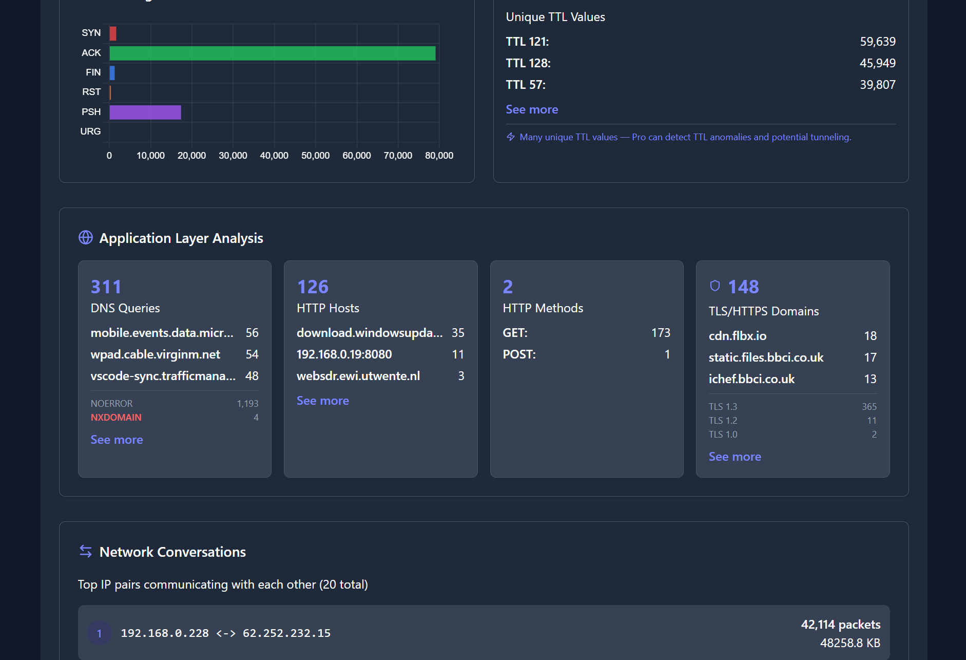 PCAPNG Analyzer free edition in dark mode — TCP flags, TTL, DNS and TLS breakdown