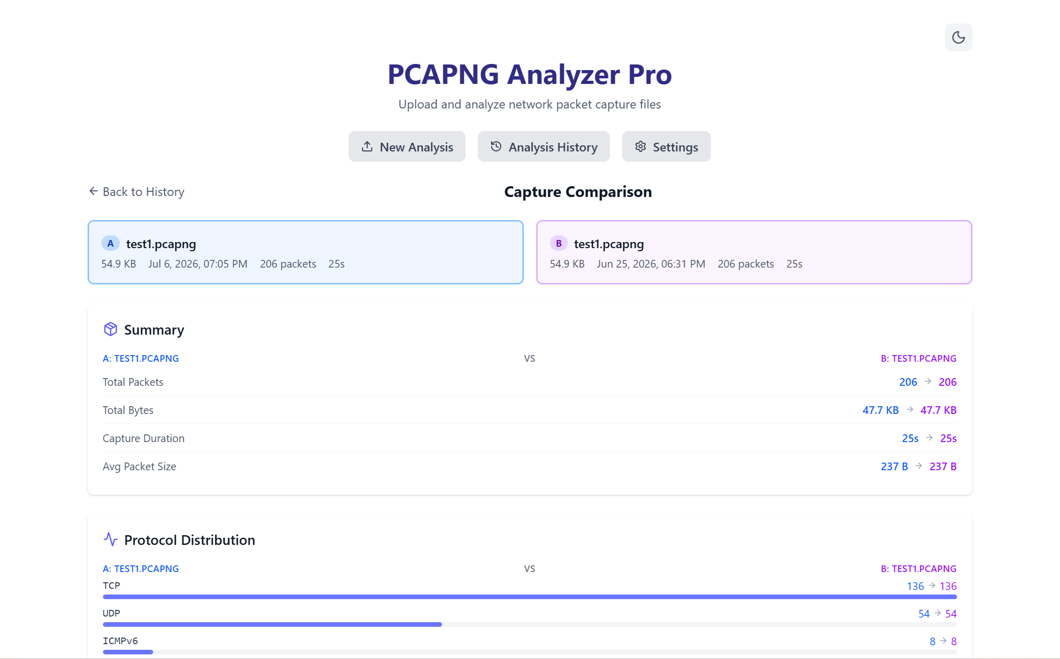 PCAPNG Analyzer Pro side-by-side capture comparison