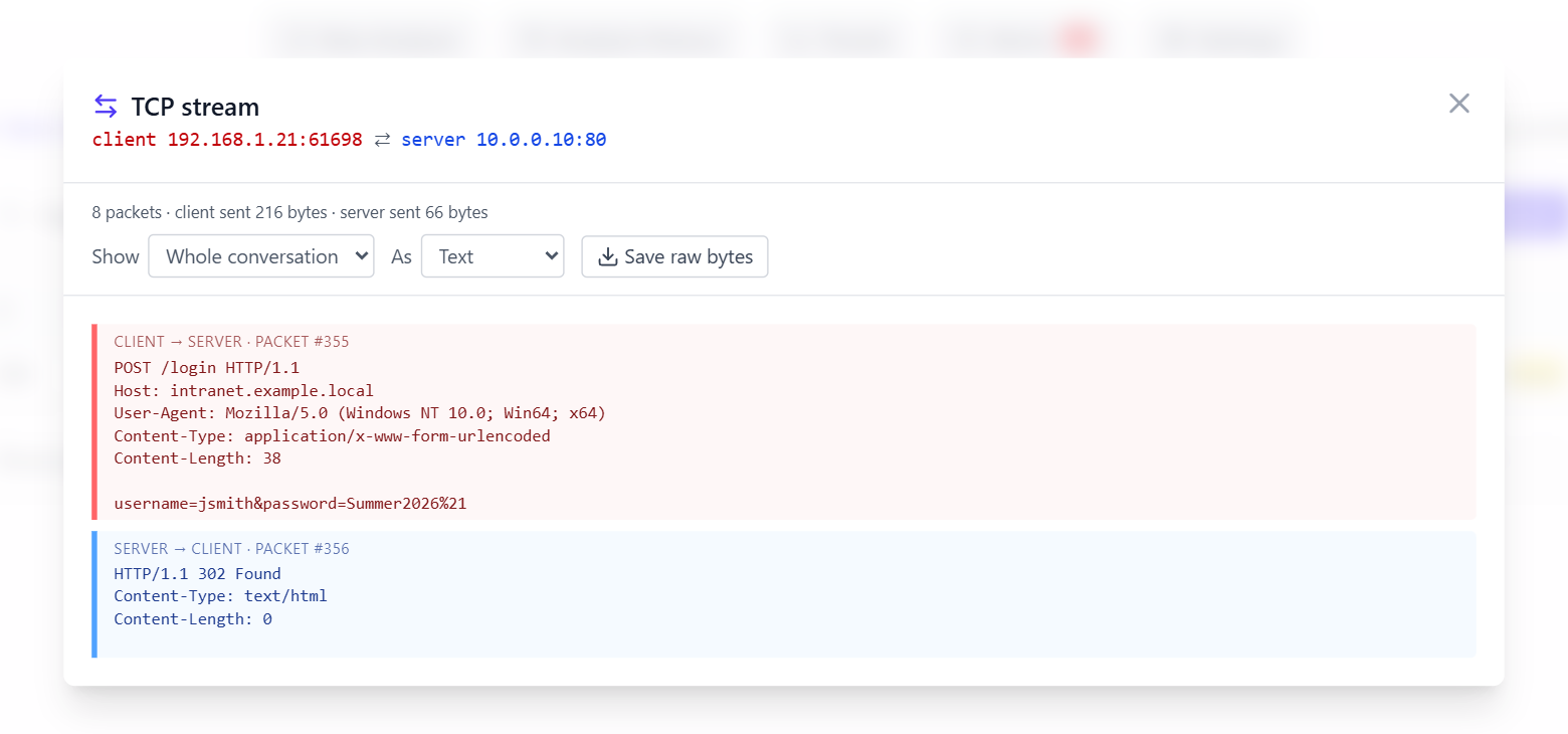 Follow stream of an HTTP login, showing the client's POST with a username and password in clear and the server's 302 reply