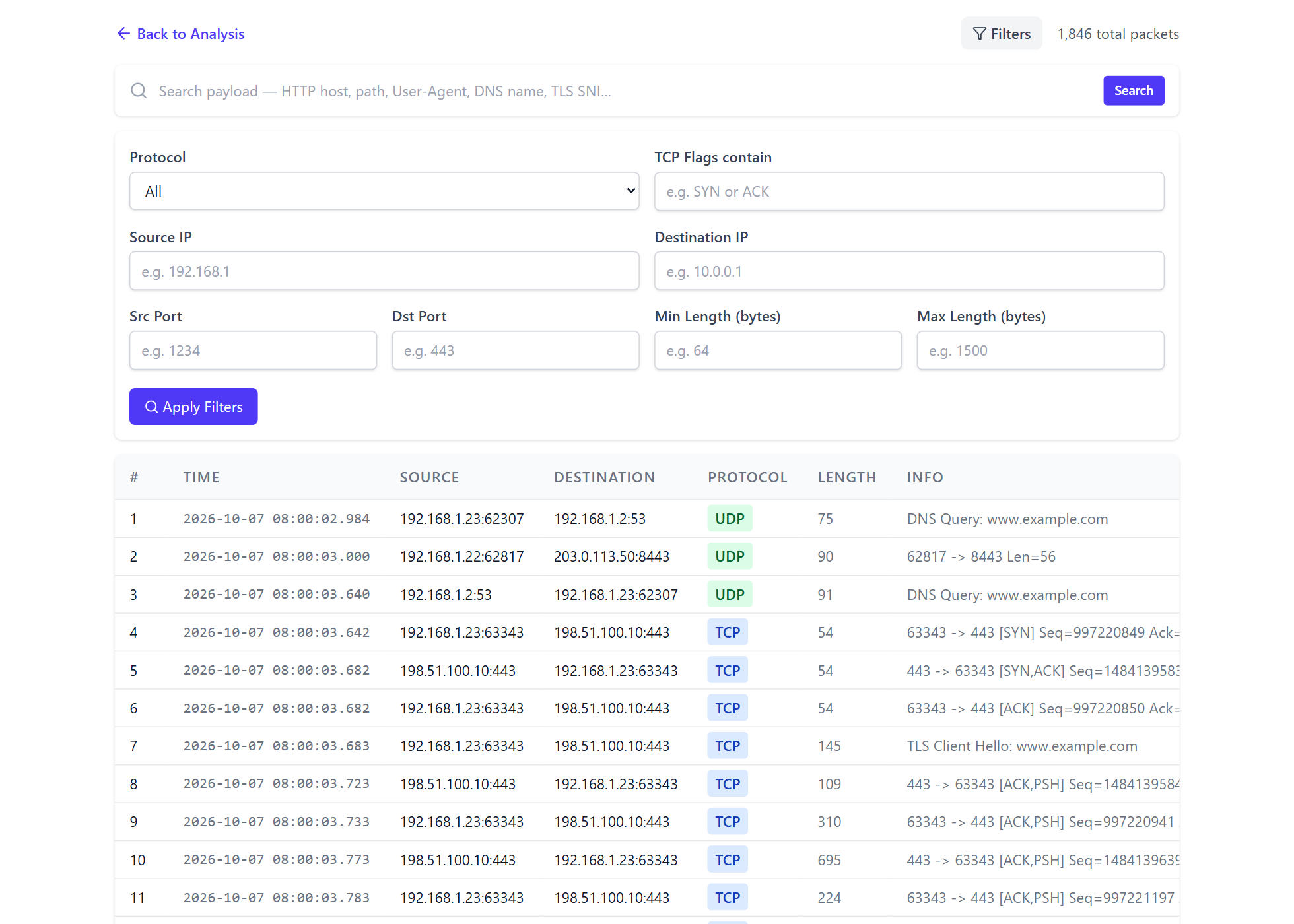 Packet list view with filters for protocol, IP, port, TCP flags, and payload search